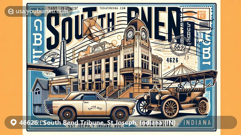 Modern illustration of South Bend, St Joseph, Indiana, showcasing postal theme for the South Bend Tribune area with vintage postcard frame, featuring iconic landmarks like the South Bend Tribune building, University of Notre Dame, and Studebaker vehicle, along with postal symbols and ZIP code 46626.
