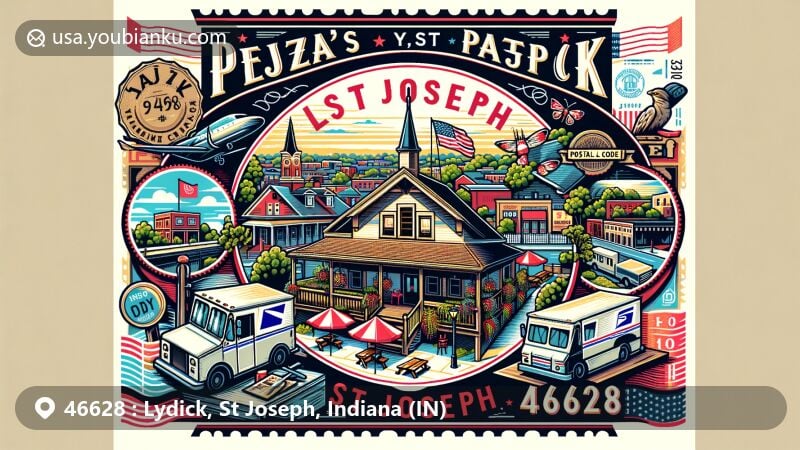 Modern illustration of Lydick, St Joseph, Indiana, showcasing Pejza's Lydick Patio surrounded by local culture and postal elements, including Indiana state flag, town aerial view, vintage postage stamp frame, postal truck, and mailbox.