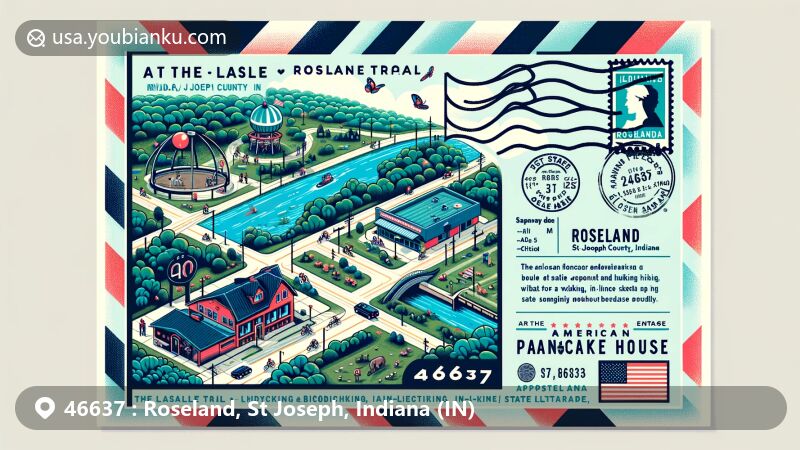 Modern illustration of Roseland area, St Joseph County, Indiana, showcasing postal theme with ZIP code 46637, featuring LaSalle Trail and American Pancake House.