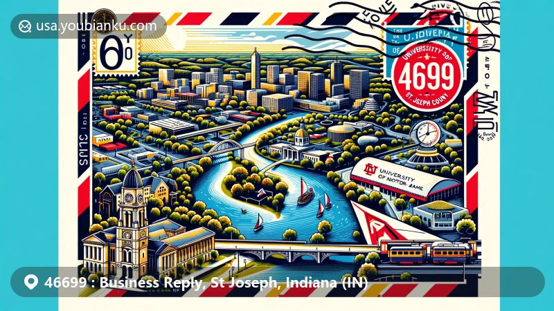 Creative depiction of Business Reply area in St. Joseph County, Indiana, resembling an oversized postcard with postal elements, showcasing landmarks, natural beauty, and cultural symbols, highlighted by ZIP code 46699.