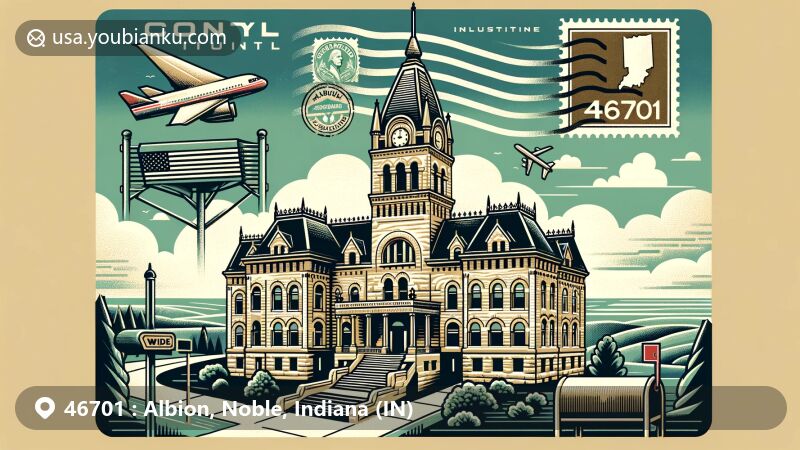 Modern illustration of Albion town, Noble County, Indiana, showcasing historic courthouse and Chain O' Lakes State Park, with airmail envelope theme and ZIP code 46701.