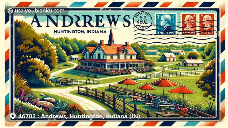 Modern illustration of Chapel Road Retreat in Andrews, Indiana, blending postal theme with Andrews and Huntington landmarks, featuring scenic outdoor spaces and vintage postcard elements.