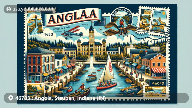 Modern illustration of Angola, Steuben County, Indiana, showcasing natural beauty and recreational vibrancy with over 101 lakes, Pokagon State Park, historic Potawatomi Inn, downtown charm, and postal theme with ZIP code 46703.
