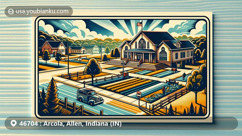 Modern illustration of Arcola, Allen County, Indiana, capturing the essence of community spirit and love for nature, featuring scenic views, parks, trails, lakeside, Arcola Elementary School, tractor symbolizing agricultural roots, and vintage postal elements with Indiana state motifs, including ZIP code 46704.