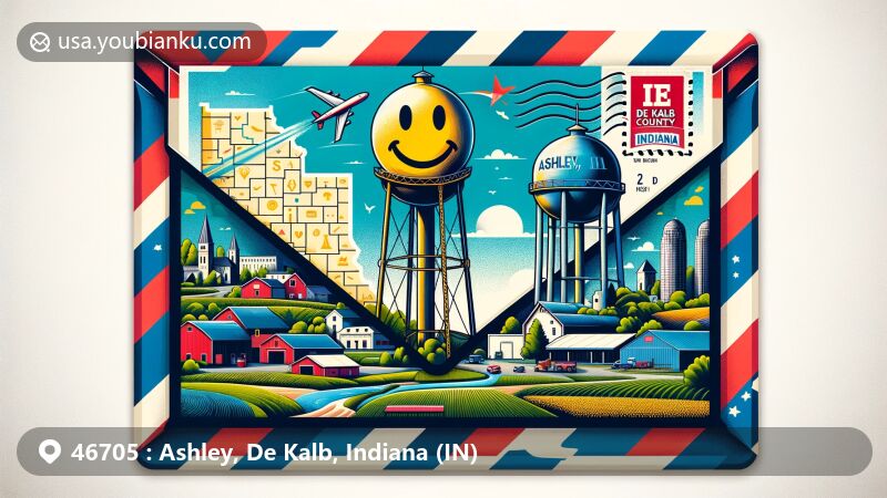 Modern illustration of Ashley, De Kalb County, Indiana, featuring 'Smiley Face' water tower, county outline, agricultural landscape, and Indiana state flag elements in a creative airmail envelope design.