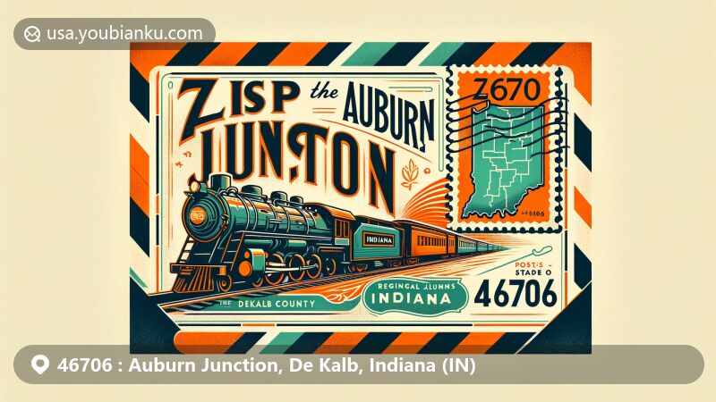 Vintage-style illustration of Auburn Junction, DeKalb County, Indiana, inspired by airmail themes and the area's railroad history, featuring a classic train and a stylized postage stamp with ZIP code 46706.