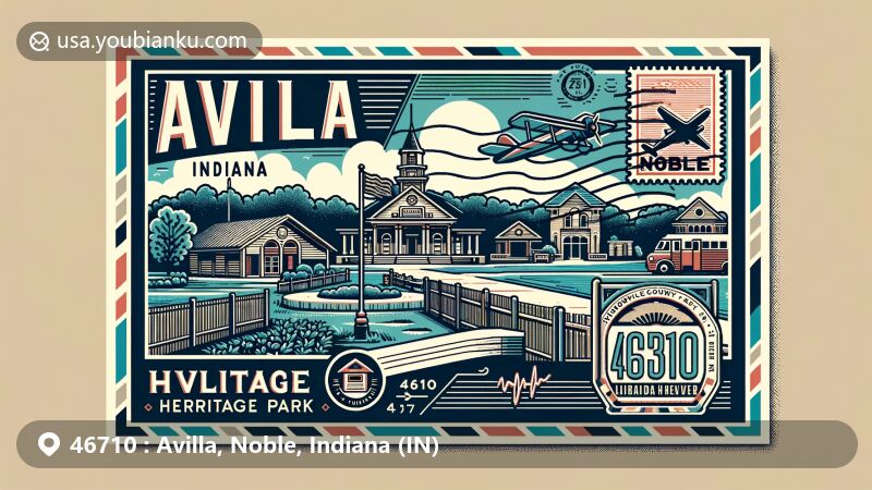 Modern illustration of Avilla, Noble County, Indiana, highlighting Heritage Park as a key landmark and postal theme with ZIP code 46710, featuring Avilla Community Center and vintage postal stamp.