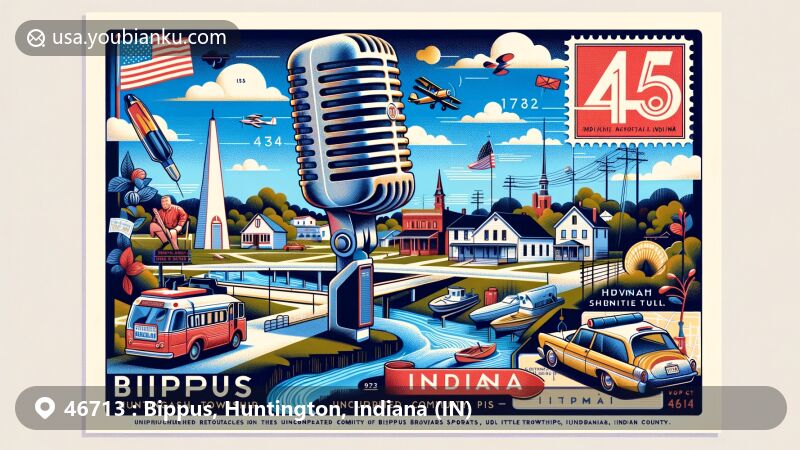 Modern illustration of Bippus, Indiana, showcasing postal theme with ZIP code 46713, honoring local legend Chris Schenkel, and featuring natural landscapes and agricultural background.