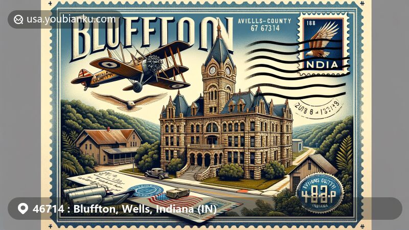 Creative illustration of Bluffton, Indiana, featuring iconic Wells County Courthouse, lush forests, and Wabash River, combined with vintage postal elements on an aviation letter envelope.