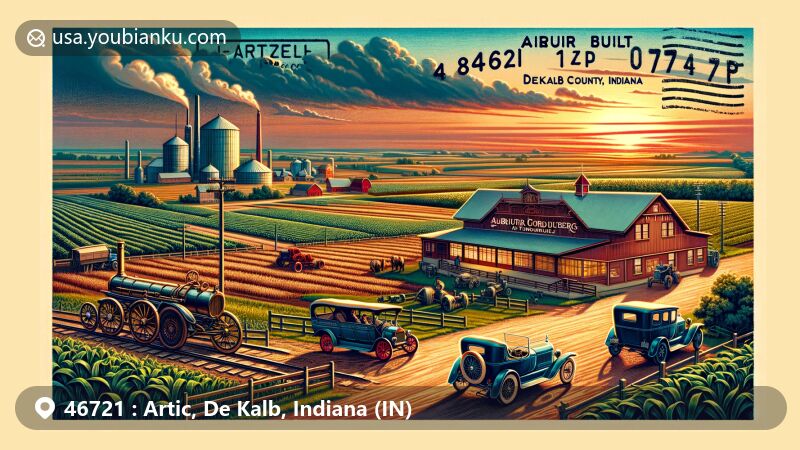 Modern illustration of Artic and Butler, DeKalb County, Indiana, capturing the automotive heritage with Auburn Cord Duesenberg Museum, vintage cars, and farmland scenery under a vibrant sunset sky.
