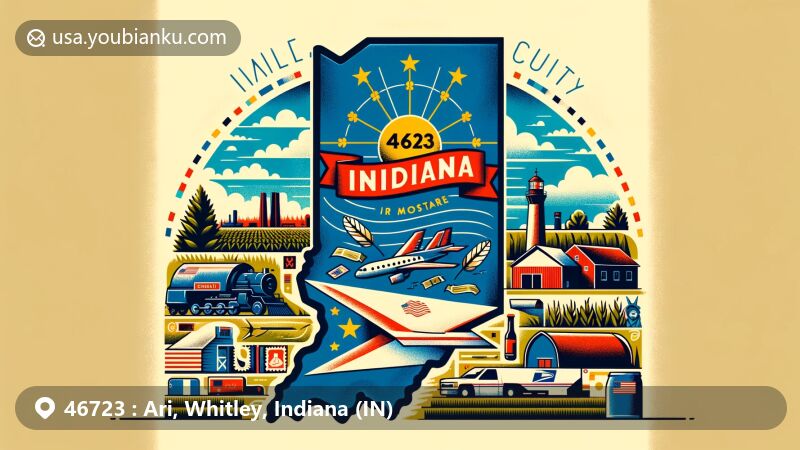 Modern illustration of Churubusco, Indiana, ZIP code 46723, featuring air mail envelope with postal theme, Indiana state flag, and rural landscape, emphasizing community's heritage and natural charm.
