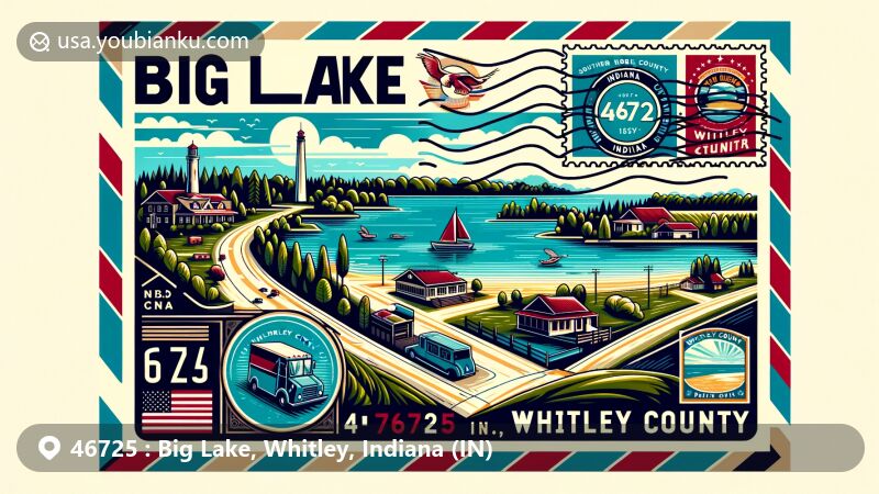 Modern illustration of the Big Lake area in Whitley County, Indiana, inspired by an air mail envelope, featuring scenic beauty, Tri Lakes Park, and Columbia City, with Indiana state symbols and postal elements.
