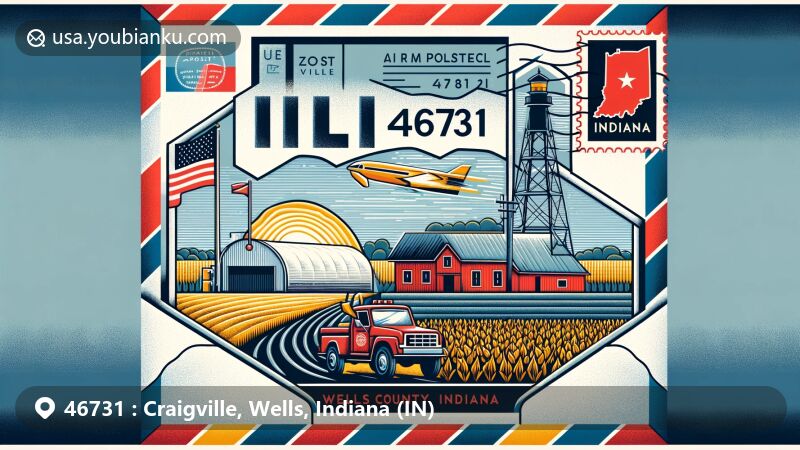 Contemporary illustration of Craigville, Wells County, Indiana, representing postal theme with ZIP code 46731, featuring post office elements and rural landscape.