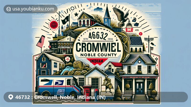 Modern illustration of Cromwell, Noble County, Indiana, featuring ZIP code 46732, showcasing town landmarks including Noble County Public Library and creative postal elements like stamps and postmarks.