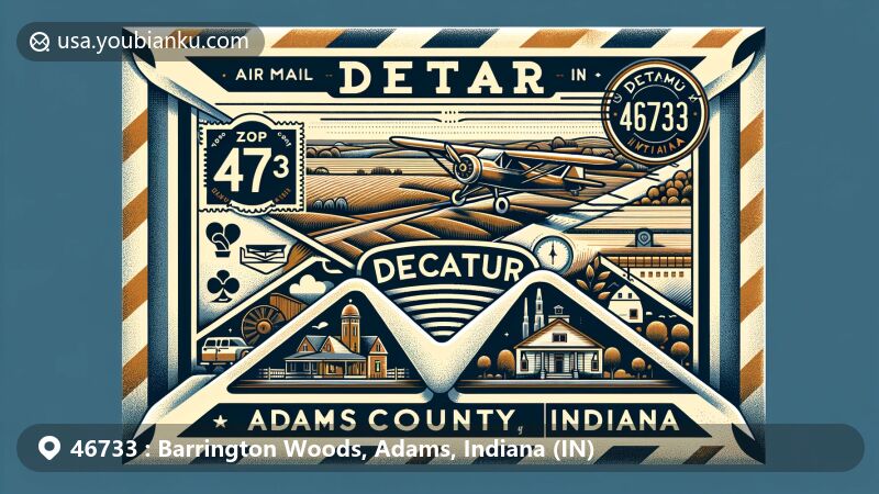 Innovative illustration of Decatur, Adams County, Indiana, fusing postal motifs with regional identity, highlighting ZIP code 46733 and local landmarks in a modern design.