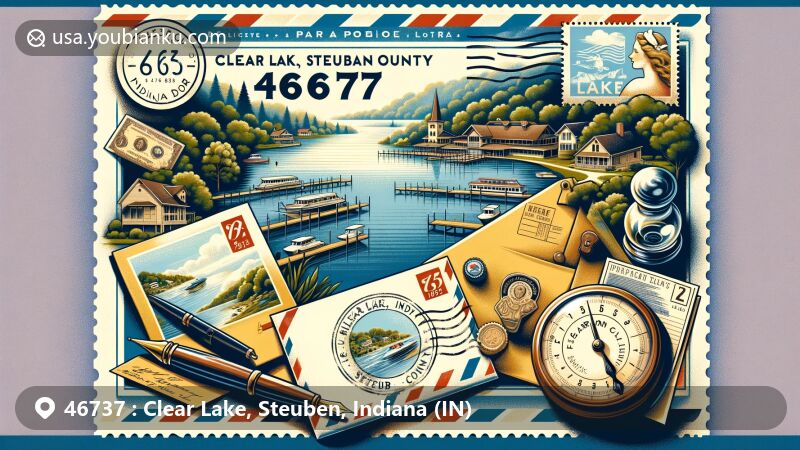 Modern illustration of Clear Lake, Steuben County, Indiana, highlighting postal theme with ZIP code 46737, featuring picturesque lake surrounded by lush greenery and iconic landmarks.
