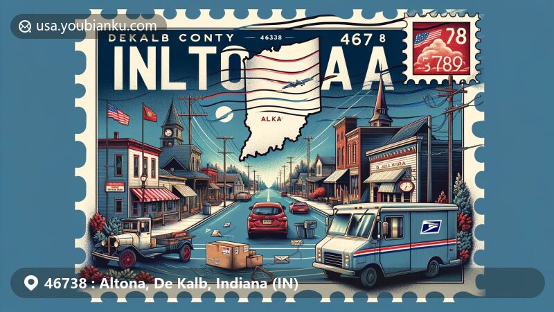 Modern illustration of Altona, DeKalb County, Indiana, capturing postal theme with ZIP code 46738, featuring small-town charm, Indiana state flag, and vintage postal elements.