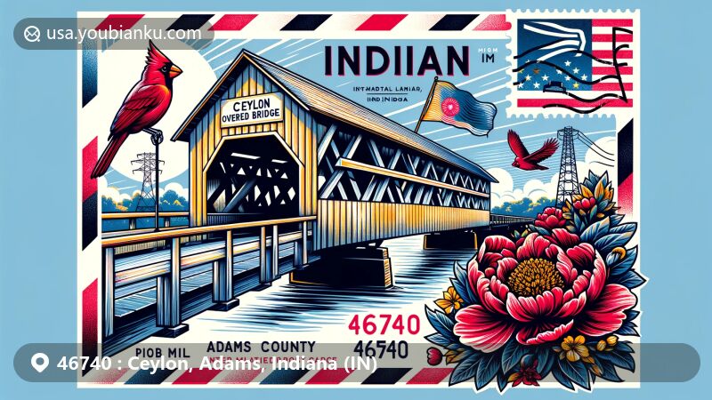Modern illustration of Ceylon Covered Bridge, Adams County, Indiana, featuring state symbols like flag, Northern Cardinal, peonies, and silhouette of Indiana, in a postcard design with postal elements for ZIP Code 46740.