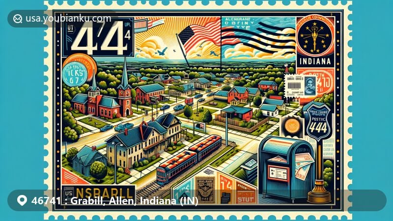 Modern illustration of Grabill, Allen County, Indiana, featuring small-town charm, community spirit, Allen County Public Library, and Indiana state symbols with a postal theme and ZIP code 46741.