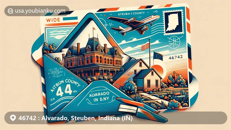 Modern illustration of Alvarado, Steuben County, Indiana, showcasing postal theme with ZIP code 46742, featuring iconic brick house and Indiana state flag.