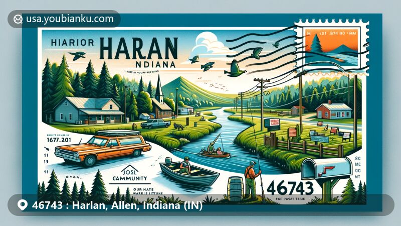Modern illustration of Harlan, Allen County, Indiana, highlighting rural essence with activities like fishing and camping, showcasing local shops and a creative postal theme with ZIP code 46743.
