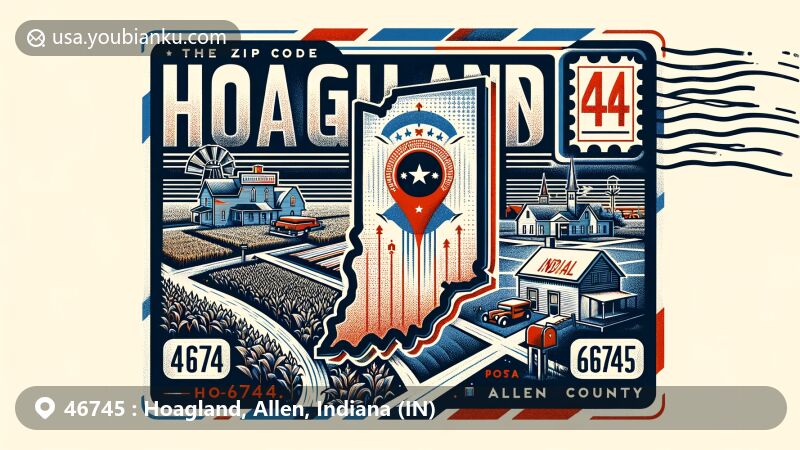 Modern illustration of Hoagland, Allen County, Indiana, inspired by a vintage air mail envelope with postal theme for ZIP code 46745, featuring Indiana state flag, local landmarks, and rural community elements.