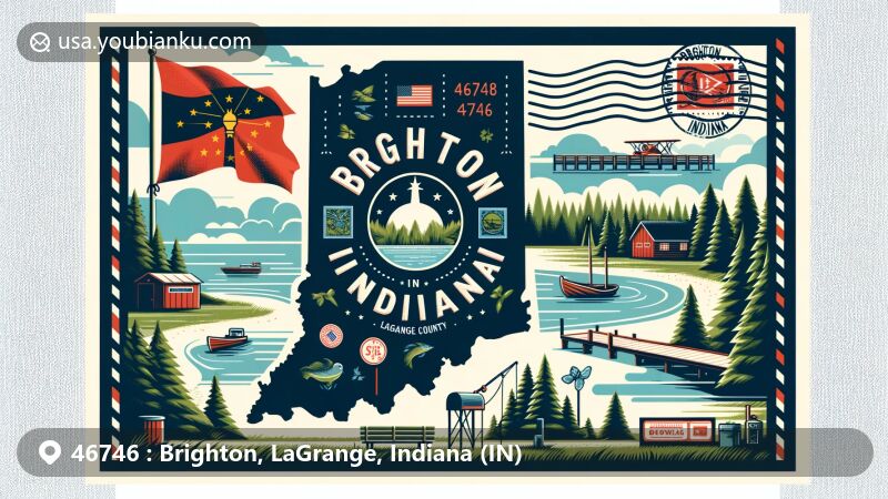 Modern illustration of Brighton, LaGrange County, Indiana, with postal theme showcasing ZIP code 46746, featuring Pine Knob Park and Indiana state elements.