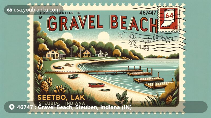 Modern illustration of Gravel Beach, Steuben County, Indiana, showcasing McClish Lake and Gravel Pit Lake, surrounded by lush greenery and small boats, with vintage postcard design and Indiana state symbols.