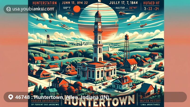 Modern illustration of Huntertown, Indiana, showcasing key geographical features and cultural references, including historical weather data, community growth, and postal elements with ZIP code 46748.
