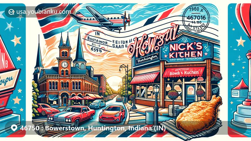 Modern illustration of Bowerstown, Huntington, Indiana, with ZIP code 46750, featuring Nick's Kitchen and the Wabash and Erie Canal, blending postal themes and local history.