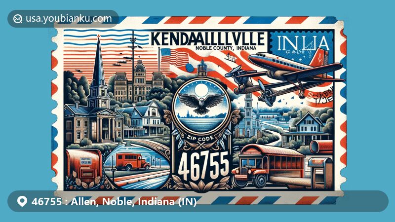Vintage-style illustration of Kendallville, Noble County, Indiana, inspired by a postcard theme with ZIP code 46755, featuring landmarks, Indiana state flag, postal elements, and vibrant colors.
