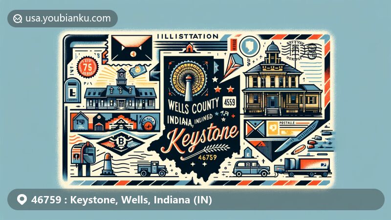 Modern illustration of Keystone, Wells County, Indiana, showcasing postal theme with ZIP code 46759, featuring outline of Wells County, emblem of early settlers from Pennsylvania, postal elements like stamps and mail truck.