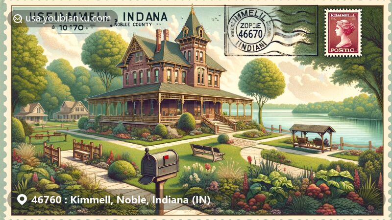 Modern illustration of Kimmell, Noble, Indiana, capturing the town's charm and natural beauty by Smalley Lake. Featuring the historic Kimmell House Inn, lush gardens, and vintage postal elements with ZIP code 46760.