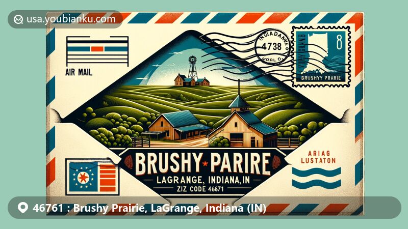Modern illustration of Brushy Prairie, LaGrange, Indiana, featuring vintage air mail envelope with ZIP code 46761, showcasing LaGrange Phalanx Ghost Town and Indiana state symbols.