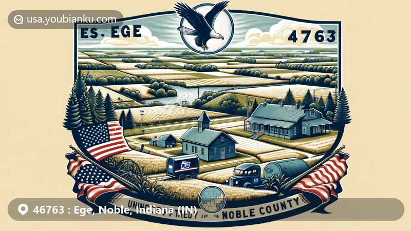 Modern illustration of Ege area, Noble County, Indiana, featuring postal theme with vintage postal truck and mailbox, showcasing ZIP code 46763, with Indiana state flag and county outline.