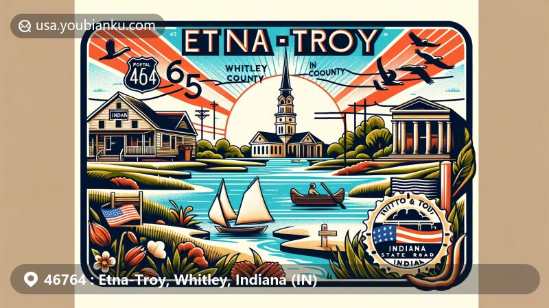 Modern illustration of Etna-Troy, Whitley County, Indiana, with postal theme and natural landscapes of Goose Lake, Indian Lake, and Loon Lake, featuring Whitley County Courthouse and vintage postage stamp.