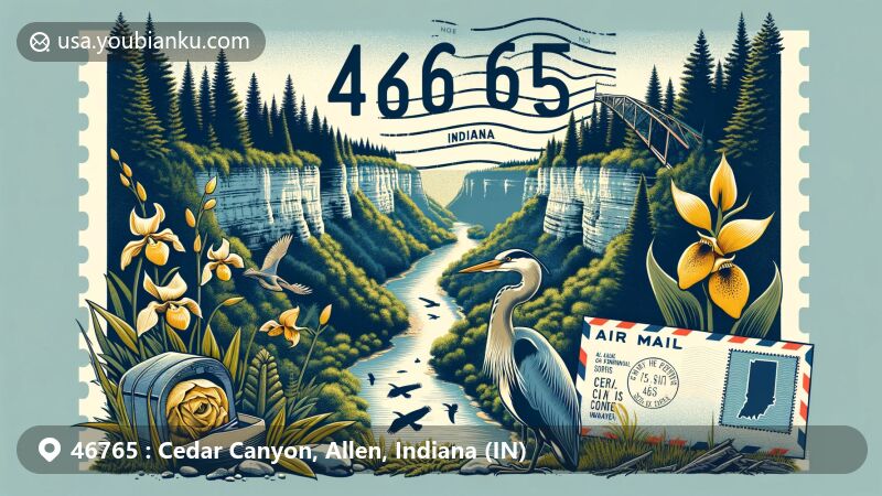 Modern illustration of Cedar Canyon, Allen County, Indiana, featuring scenic Cedar Creek gorge, dense forests, and local wildlife like great blue heron and lady's slipper orchid, with vintage air mail envelope showcasing ZIP code 46765 and Indiana state abbreviation (IN).