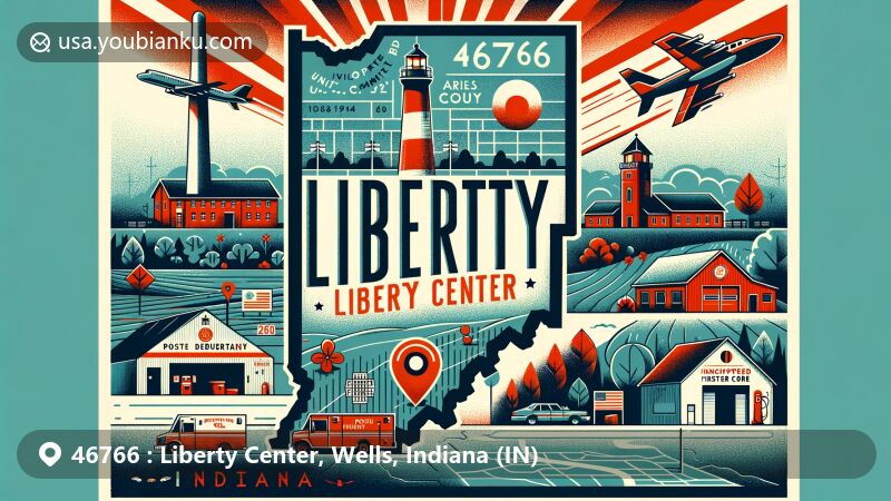 Modern illustration of Liberty Center, Wells County, Indiana, blending regional charm with postal elements, capturing the small town's community vibe with volunteer fire department, gas station, and park, featuring ZIP code 46766 and Indiana/Wells County motifs.