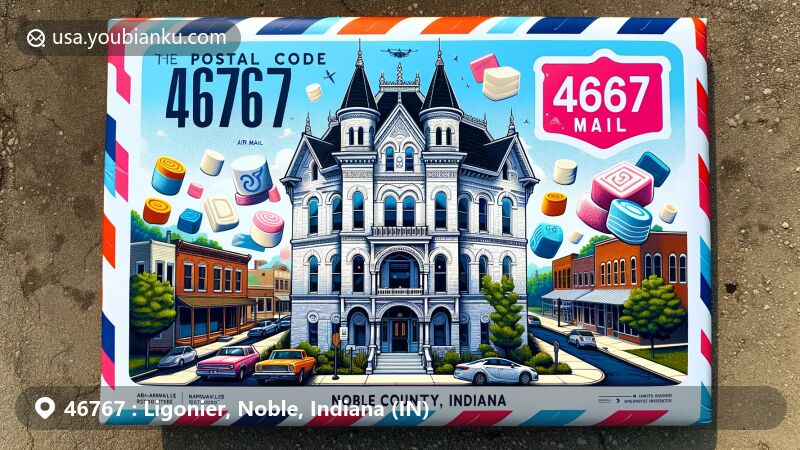 Illustration of Ligonier, Noble County, Indiana, highlighting the postal theme with airmail envelope and vibrant scene of Ligonier Historic District, including diverse architectural styles and landmarks like Ahavas Shalom Reform Temple and Jacob Straus House.