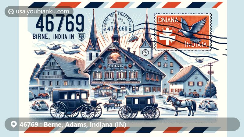 Modern wide-format illustration of Berne, Indiana, ZIP code 46769, showcasing Swiss heritage and Amish community with architecture, culture, Amish buggies, and 'Furniture Capital of Indiana' theme.