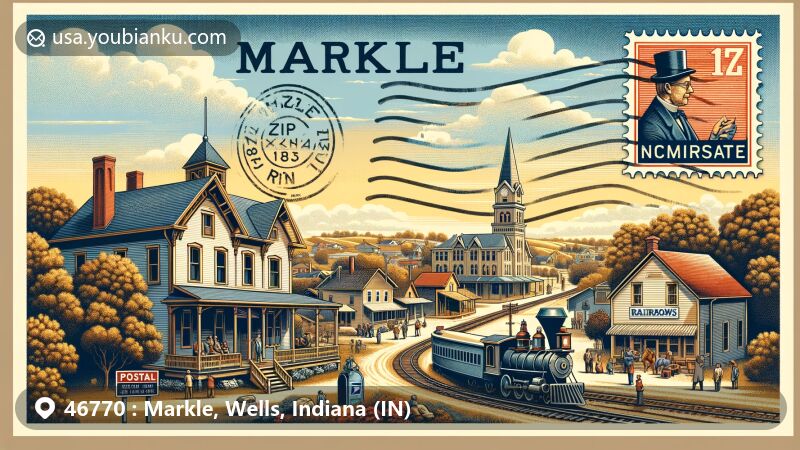 Modern illustration of Markle, Indiana, with ZIP code 46770, showcasing historical charm, railroad significance, and vibrant community, in a vintage postcard style. Features iconic landmarks like Dr. Joseph Scott's first residence and railroad symbolizing town's growth, integrated with postal elements.