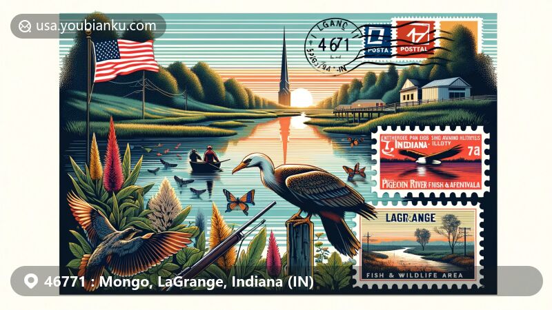 Modern illustration of Mongo, LaGrange County, Indiana, showcasing scenic beauty and recreational activities at Pigeon River Fish & Wildlife Area with ZIP code 46771, featuring sunrise landscape, fishing, hunting, and wildlife watching, along with Indiana state flag and LaGrange County's silhouette.