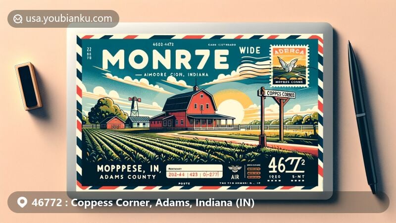 Modern illustration of Monroe, Adams County, Indiana, depicting rural charm of Coppess Corner with green fields, a red barn, postcard, Indiana stamp, and mailbox, reflecting community and postal connections.