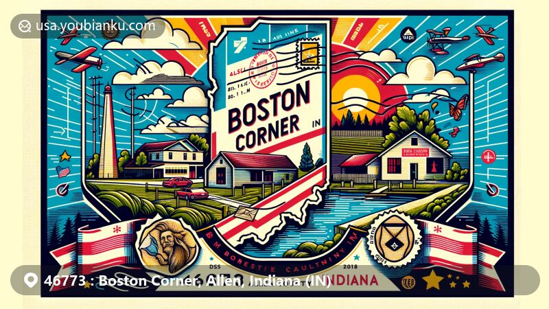 Creative postcard design for Boston Corner, Indiana, ZIP code 46773, showcasing Allen County's outline, Bobilya Park, Indiana state flag, and vintage postal theme with air mail envelope and stamps.