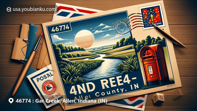 Modern illustration of Gar Creek, Allen County, Indiana, featuring a vintage air mail envelope, Indiana state flag, and postal service elements, set against a tranquil landscape backdrop.