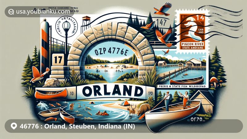Modern illustration of Orland, Indiana, showcasing Orland Town Park, Pigeon River State Fish & Wildlife Area, Manapogo Park, and vintage postal elements with ZIP code 46776.