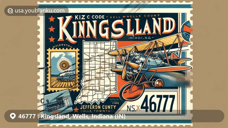 Modern illustration of Kingsland, Wells County, Indiana, portraying a postal theme with ZIP code 46777, showcasing a vintage aviation envelope with a map of Wells County highlighting Kingsland. Includes symbols of local history like the 1910 interurban rail crash and rural landscape of Jefferson Township.