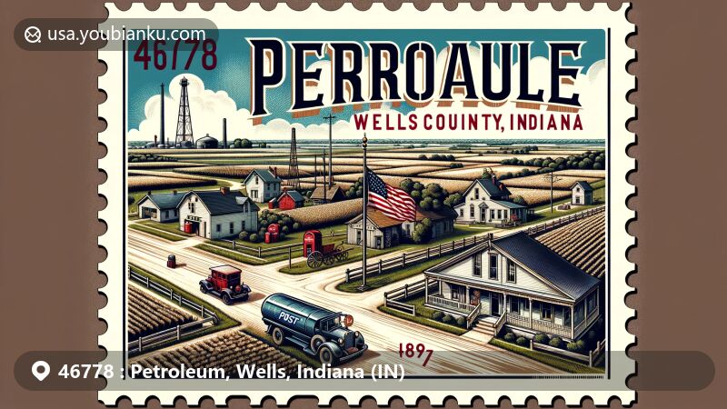 Modern illustration of Petroleum, Wells County, Indiana, showcasing postal theme with ZIP code 46778, featuring key buildings, agricultural fields, Indiana state flag, vintage post office facade, red postal box, postal delivery truck, and optional oil fields.