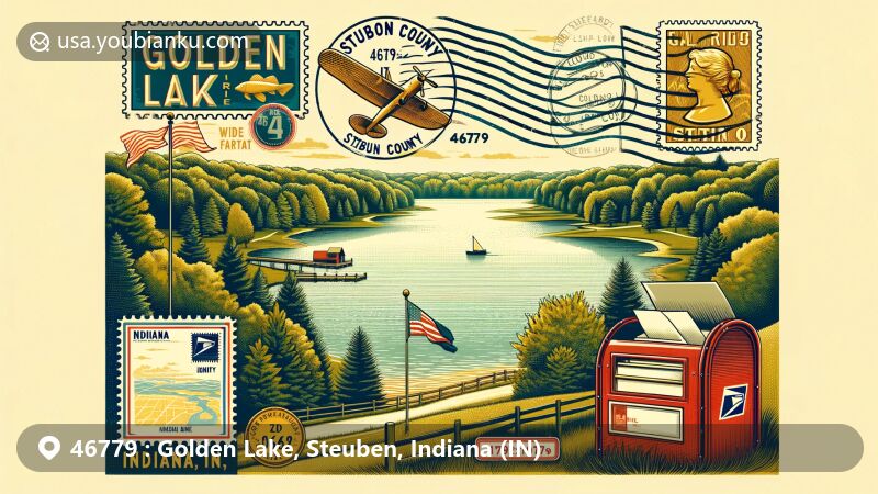 Modern illustration of Golden Lake area in Steuben County, Indiana, featuring postal theme with ZIP code 46779, surrounded by lush greenery and iconic Indiana symbols.