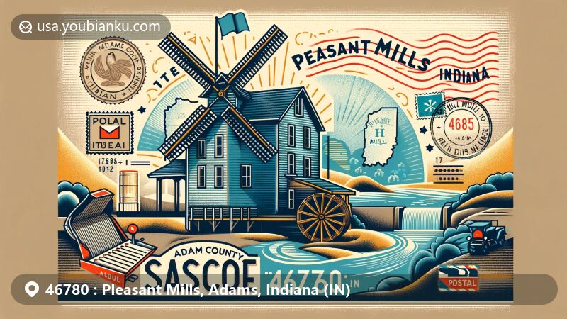 Modern illustration of Pleasant Mills, Adams County, Indiana, with postal theme showcasing ZIP code 46780, featuring historical gristmill, vintage airmail envelope, stamps, and postmark.